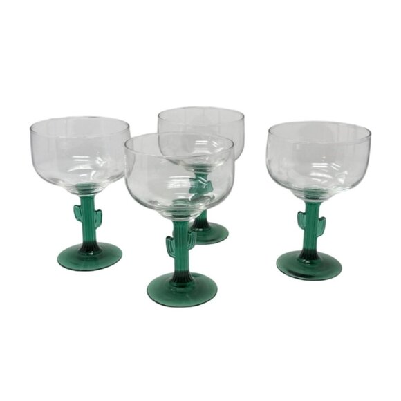 Vintage Set of 4 Cactus Stem Margarita Glasses 6.25” Green Stem Southwestern Bar - Picture 3 of 4